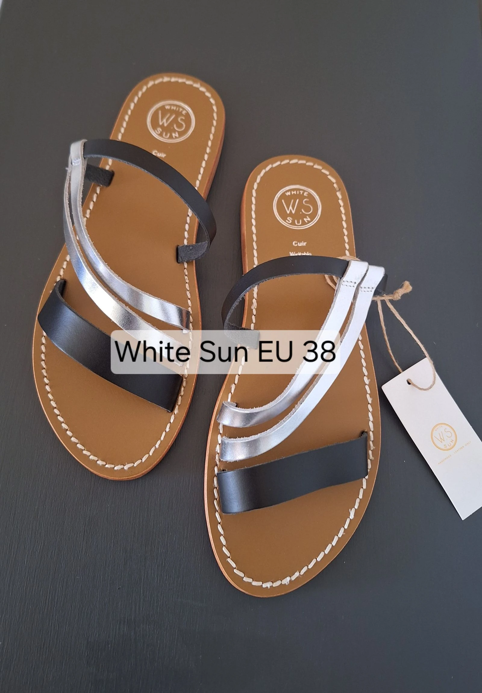 White Sun zwart met zilver leren slippers maat 38